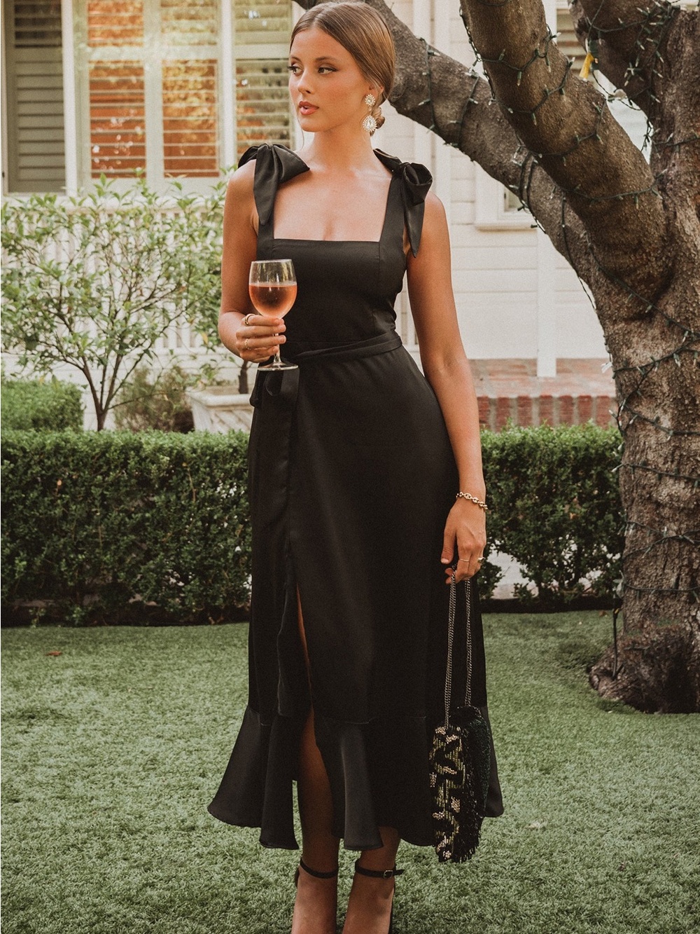 Show Me Your Mumu Claire Midi Dress Black Luxe Satin Flowy Square Neck Size 2X